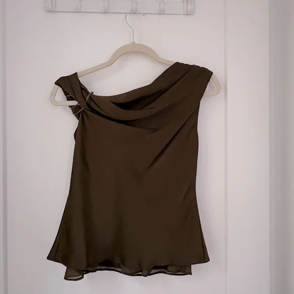 NWT Ralph Lauren Satin Charmeuse Off-the-Shoulder Blouse Botanic Green XSP - Picture 6 of 7